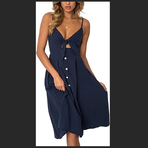 NWOT Navy Spaghetti Strap Tie Front Dress - Picture 3 of 7